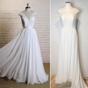 June Bridals | V-Neck Cap Sleeve A-Line Chiffon Wedding Dress With Lace Top
